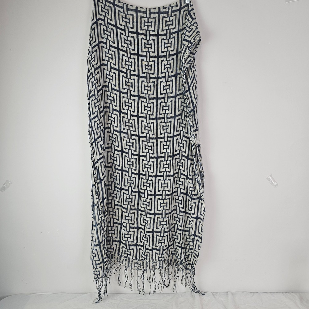 Spartina 449 Navy Blue White Geometric Greek Key Viscose Scarf Fringe Wrap